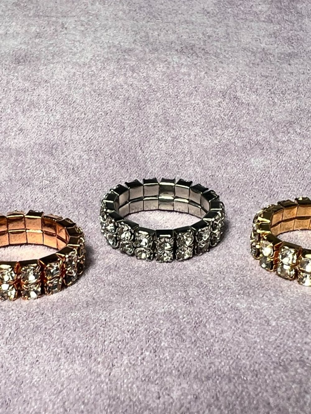 New - double-row rhinestone stretch band rings rose gold, silver, and gold-tone
